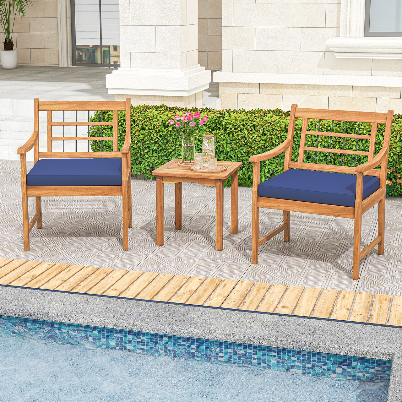 3-Piece Outdoor Furniture Set with Natural Wood Finish and Cushioned Chairs Included Coffee Table